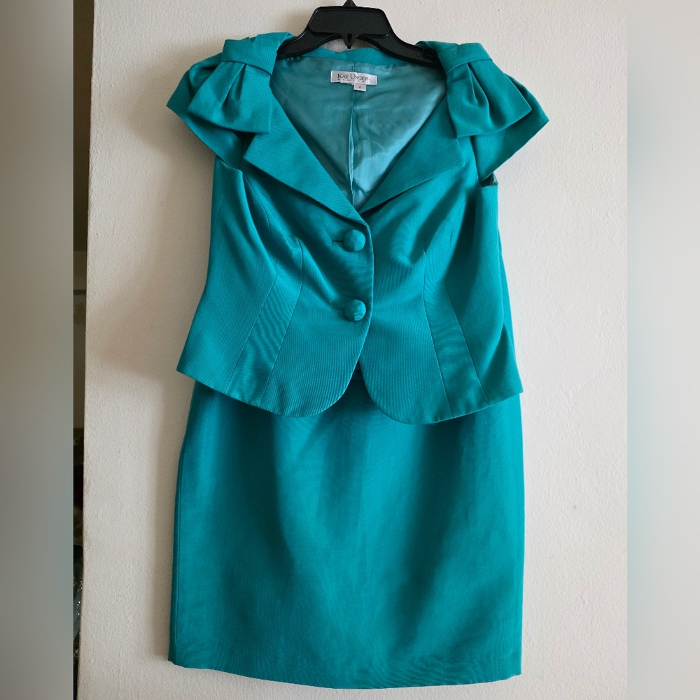 Kay UNGER set Cotton Silk Top With Bow × Pencil Skirt Sz 6 Green NWot